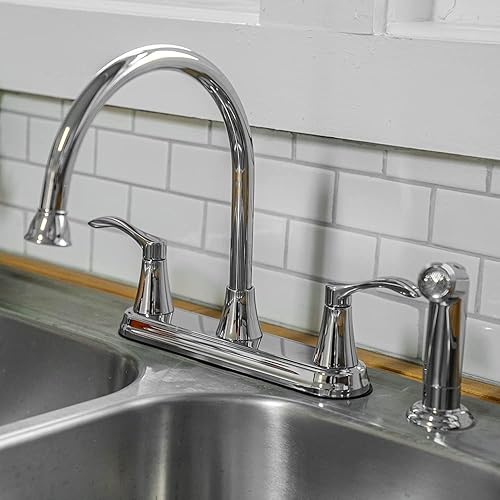 Miniatura 3 de EZ-FLO Grifo de cocina, grifo de fregadero de cocina de arco alto con 2 asas y rociador lateral extraíble, instalación de un solo agujero, níquel