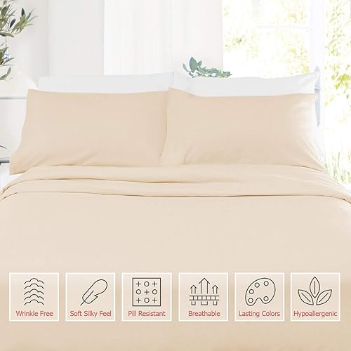 Miniatura 2 de Sábanas tamaño Queen  Juego de sábanas de 4 piezas Queen beige  Sábanas de hotel  Sábanas de microfibra suave  Sábanas bajeras de fácil ajuste de 8