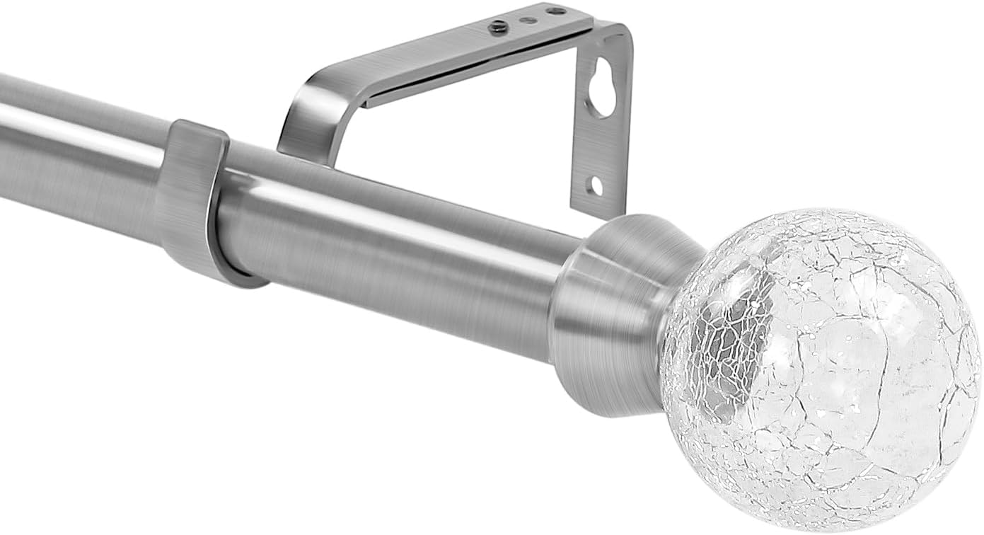 Urbanest 1-inch Diameter Crackle Glass Adjustable Single Drapery Curtain Rod, 28-inch to 48-inch, Brushed Steel
