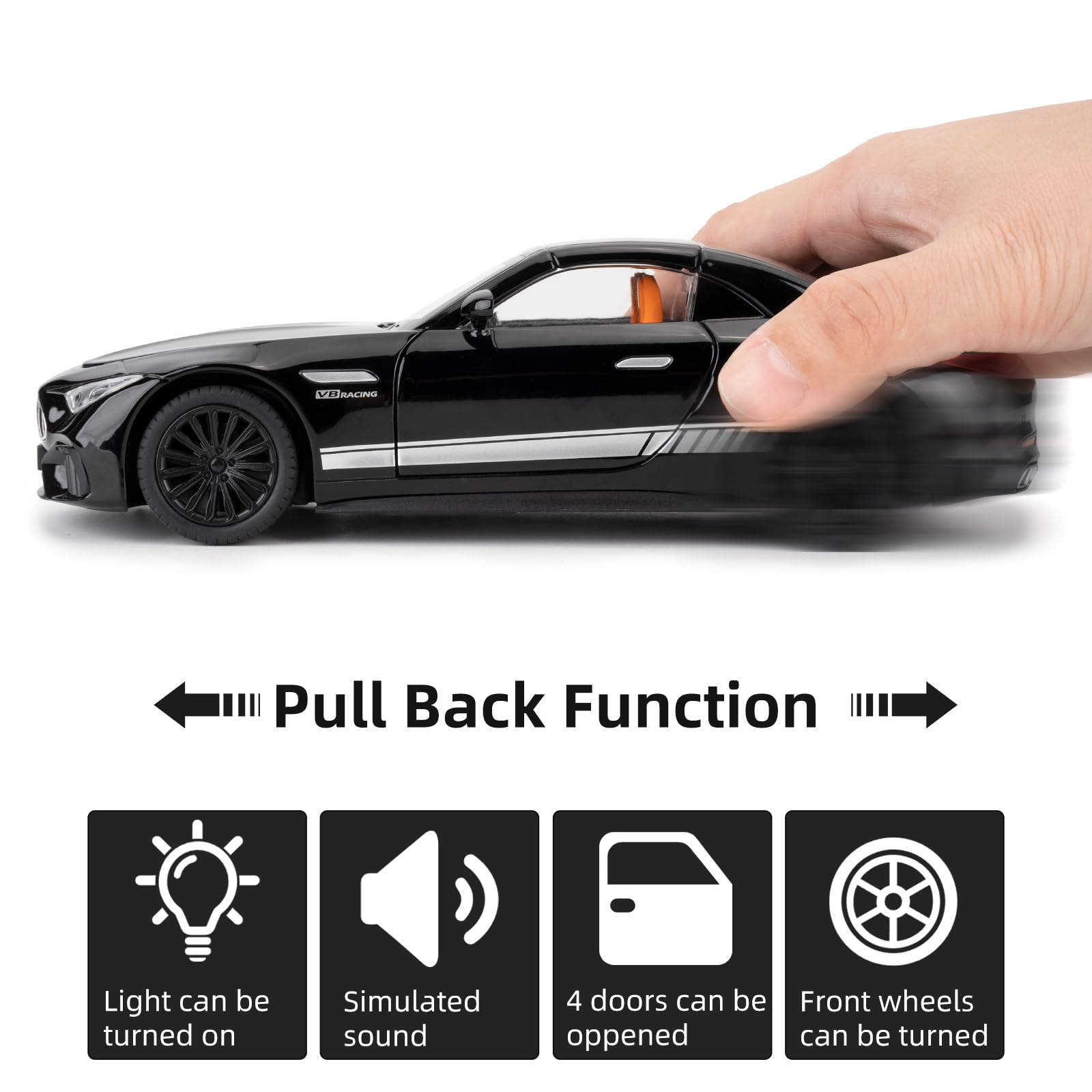 imtfzct Mercedes-Benz SL63 Toy car, 1:22 scale Model Car, Toy Car with Sound, Light and Pullback Function, Opening Door - Image 2