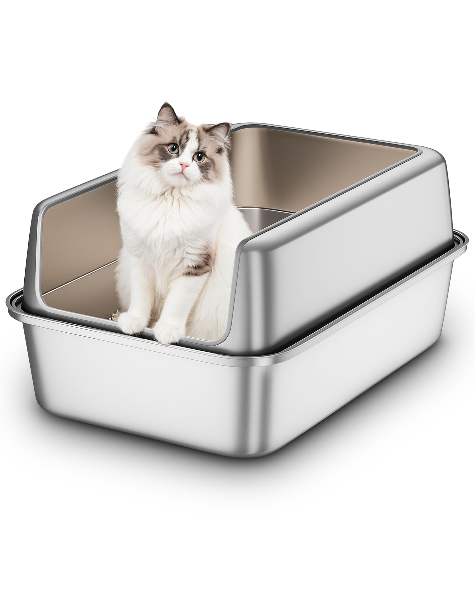 Caja de arena para gatos semicerrada totalmente metálica (acero inoxidable, 23.6 pulgadas de largo x 15.7 pulgadas de ancho x 5.9 pulgadas de alto) Global Recycled Standard Global Recycled Standard Global Recycled Standard