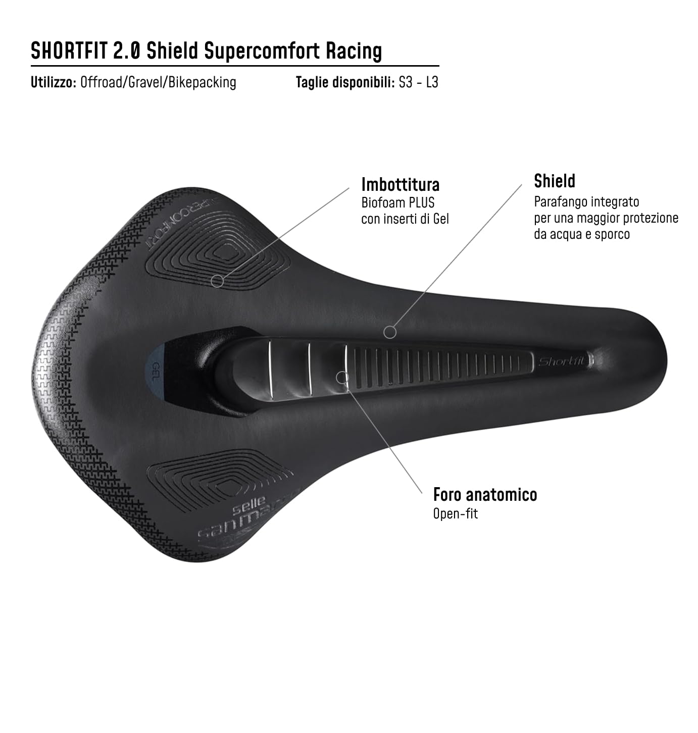 Selle San Marco SHORTFIT 2.0 Shield Supercomfort Racing - Sella Bicicletta Gravel e Bikepacking con Parafango Integrato, Foro Anatomico e Gel Extra, Telaio Resistente in Acciaio