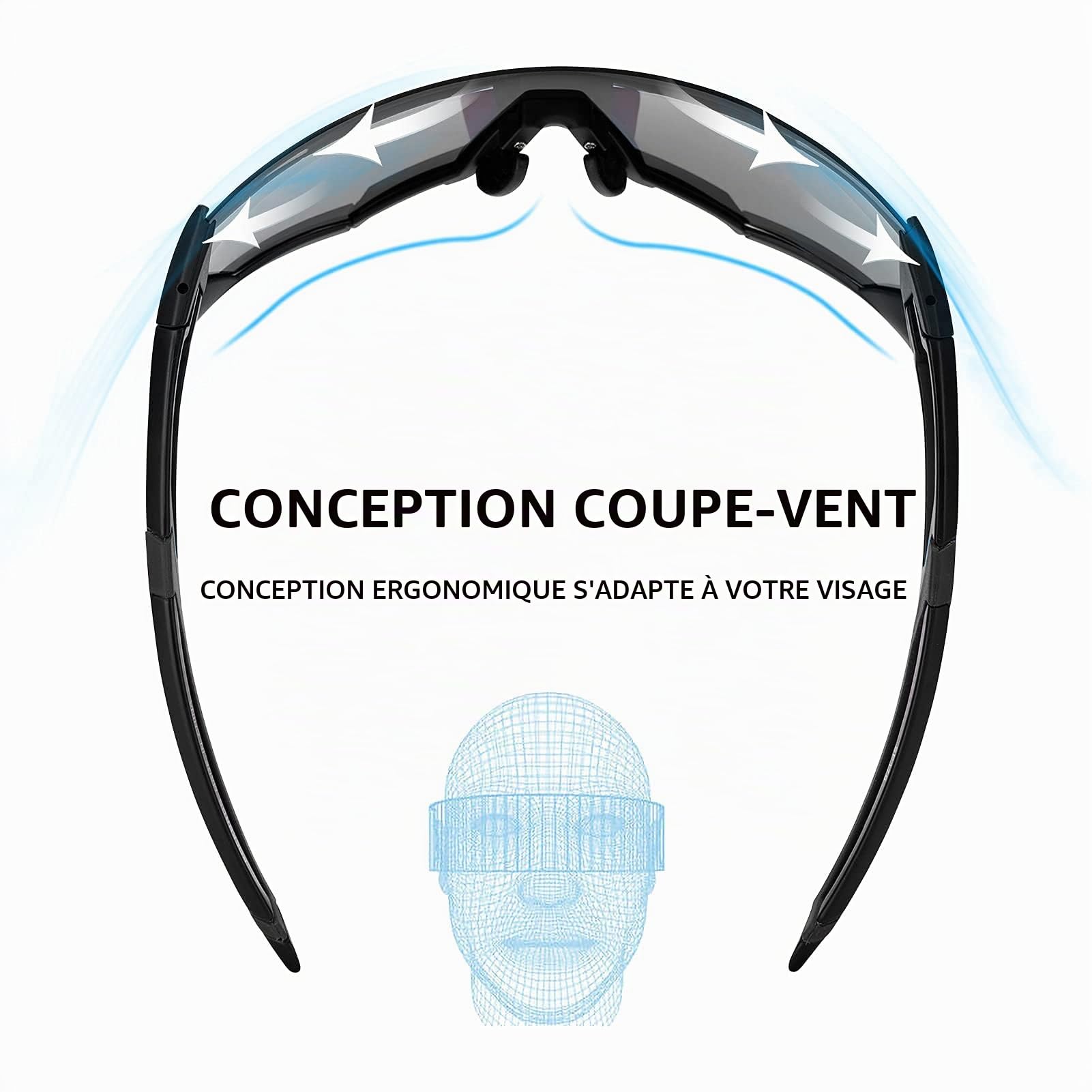 ROCKBROS Lunettes de Cyclisme Photochromiques UV400 Noir | Lunettes de Soleil Sport, Verres Clairs Adaptatifs, Protection UV, Coupe-Vent pour Vélo, Conduite, Pêche et Golf