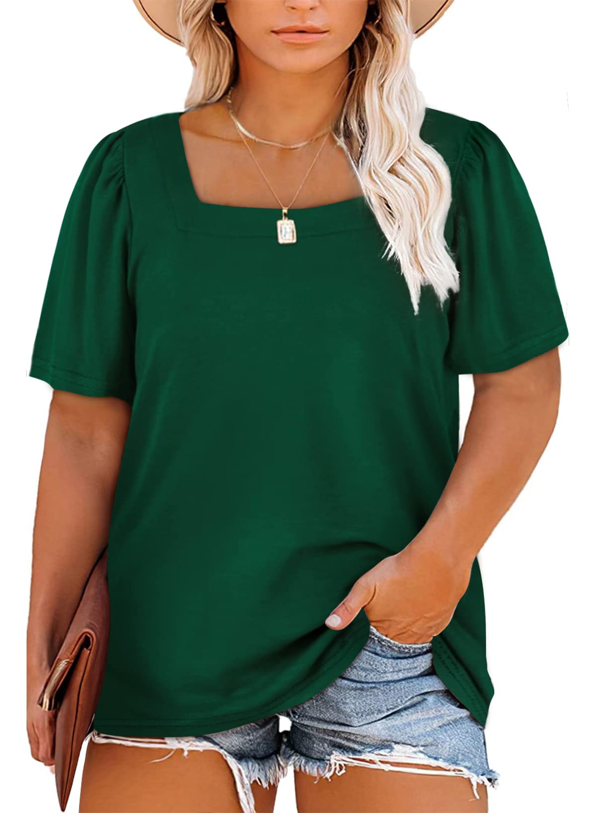 EytinoWomens Plus Size Fall Tops Square Neck Puff Long Sleeve Casual Loose Tee Shirts(1X-5X)