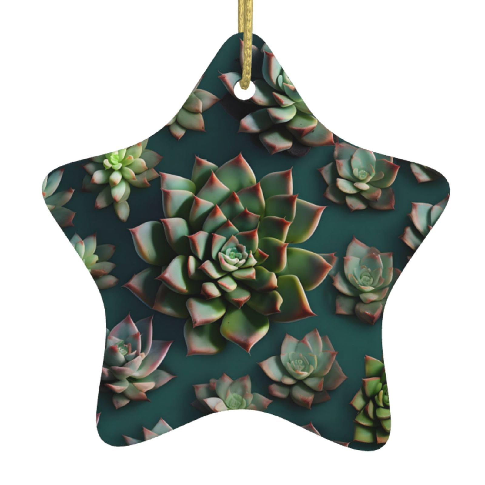Many Succulents Christmas Ceramic Star Pendant with Punched Holes and Gold Wire Rope, Christmas Tree Home Decoration