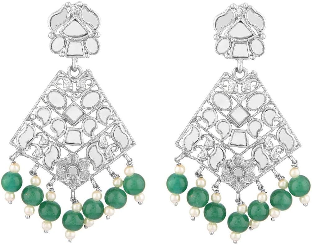 Efulgenz Crystal Glass Stone Earrings Faux Pearl Beads Dangle Chandelier Earring Set Indian Oxidized Jewelry for Women