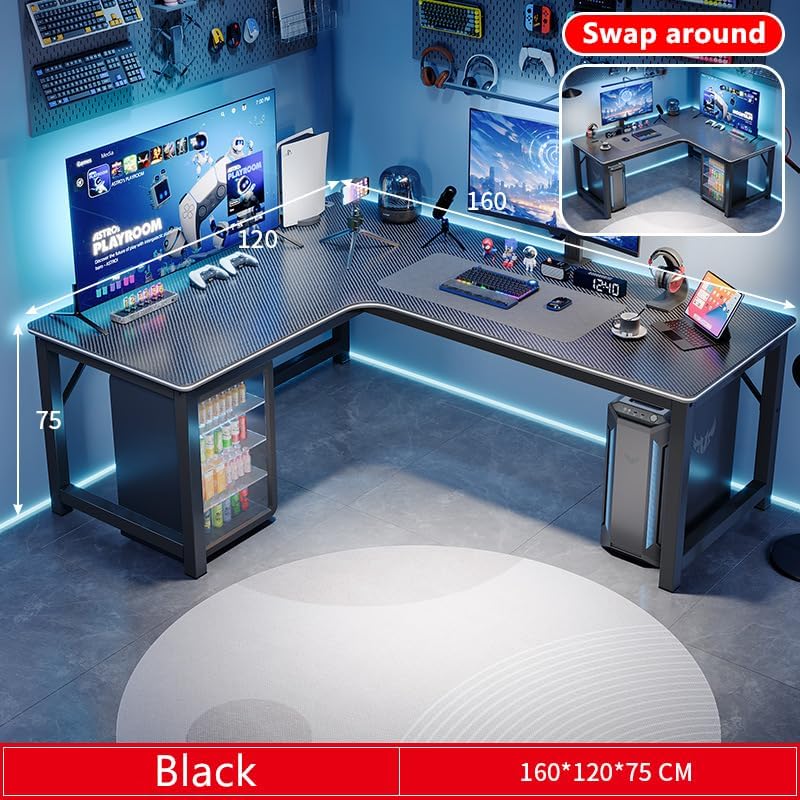 DESINO L-Shaped Computer Desk with dimensions labeled