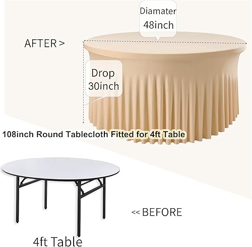 Miniatura 7 de gogoparti Manteles redondos de elastano color champán de 108 pulgadas ajustados para mesa de 48 pulgadas, manteles redondos elásticos de 4 pies,