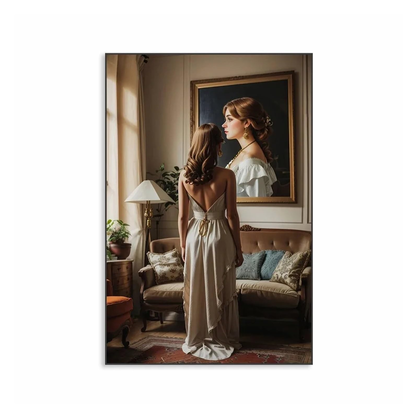 Décor d'appartement vintage avec ce tableau sur toile de portrait rose 50x70