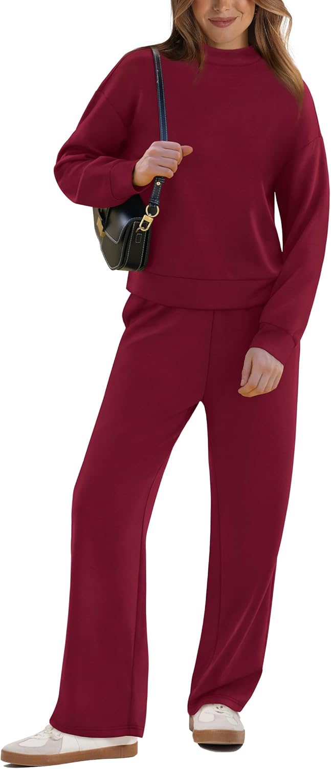 WIHOLL Two Piece Sets for Women Fall Outfits Lounge Sets Mock Neck Tops Wide Leg Pants Vacation Travel Airport Outfits - Image 2