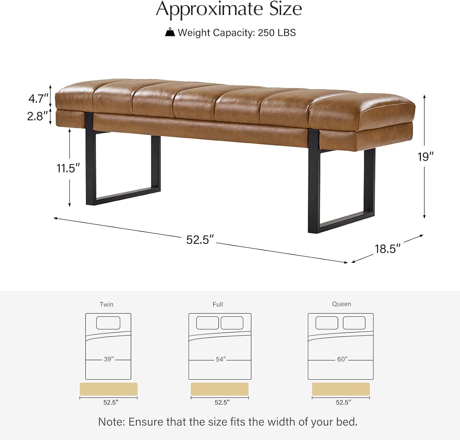 HULALA HOME 53" Faux Leather Entryway Bench, Button Tufted End of Bed Bench Ottoman for Bedroom, Living Room with Metal Base,Camel