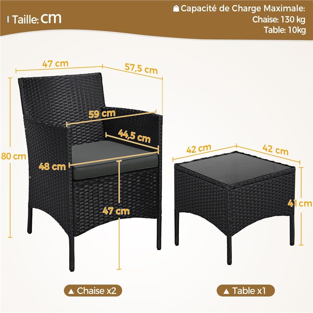 Yaheetech Salon de Jardin Exterieur Ensemble Mobilier de Jardin 2 Personnes Fauteuils et Table Basse Plateau Verre 2 Coussins Tressée pour Balcon Noir/Girs
