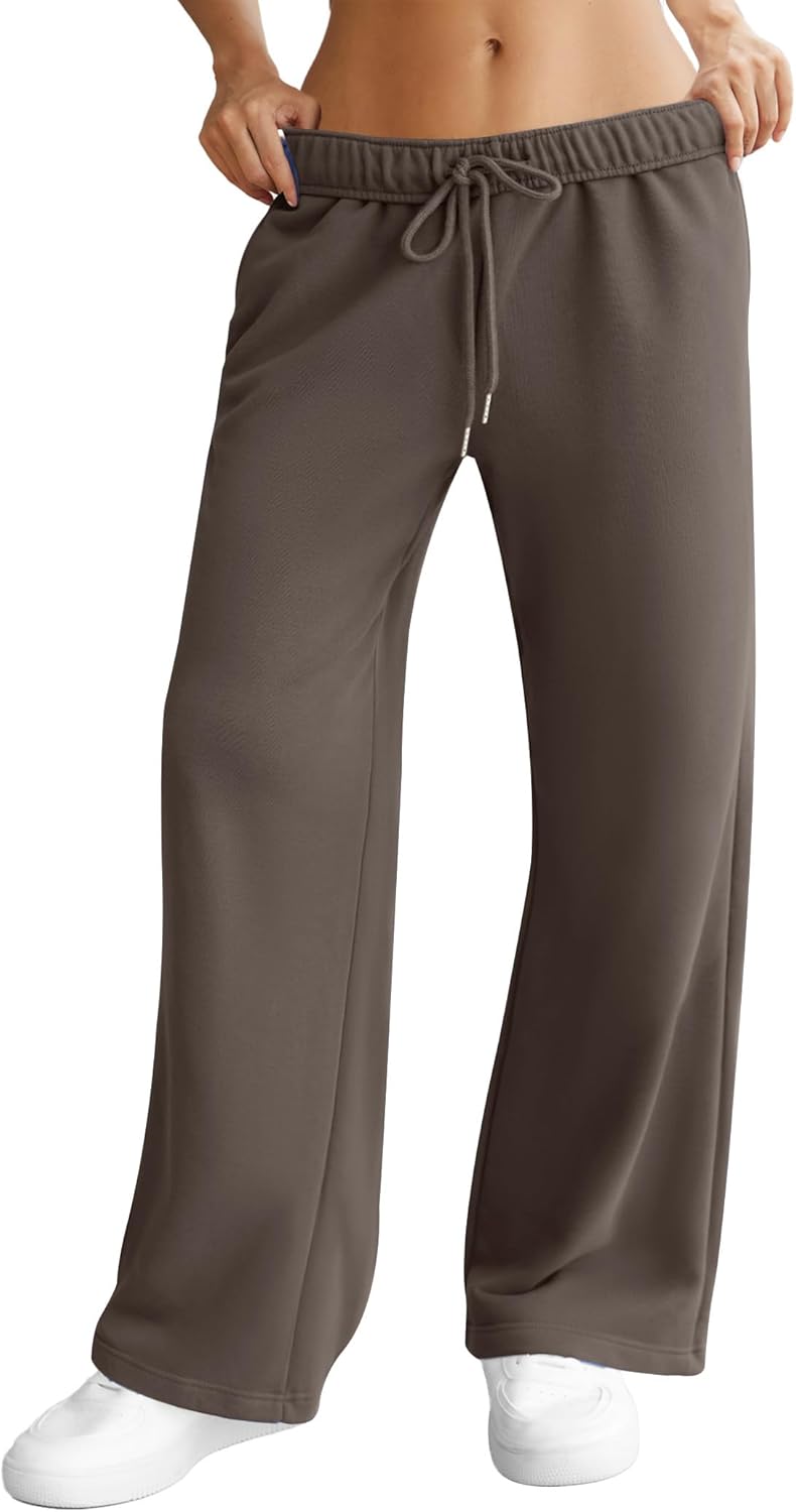 Womens Wide Leg Sweatpants Interior Drawstring Baggy Sweat Pants with Pockets Elastic Waisted Lounge Casual Trousers Coffee