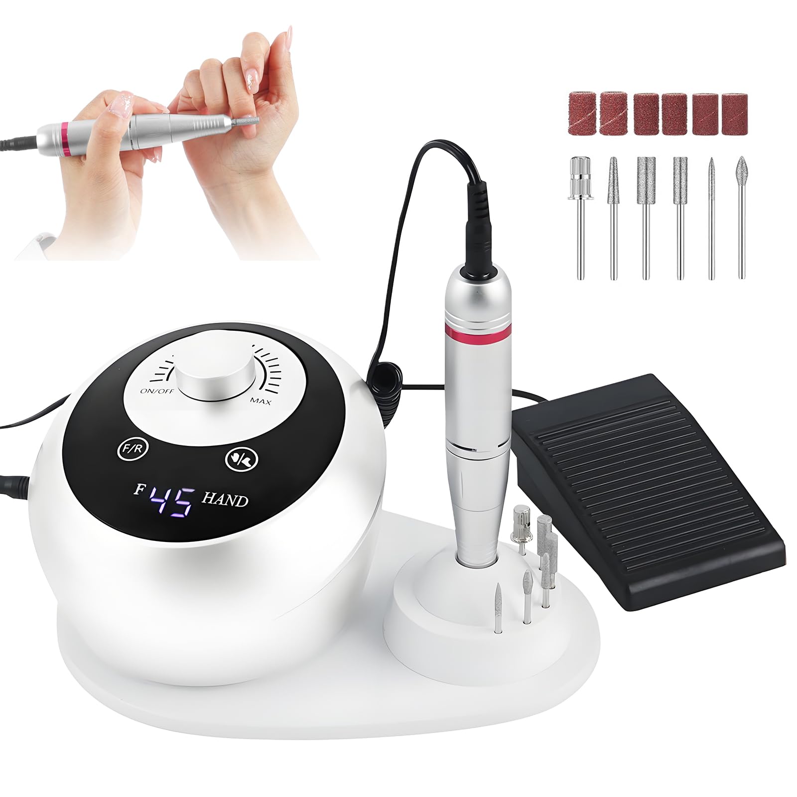 Taladro de Uñas, Torno para Uñas Profesional de 45000 RPM Para Uñas de Gel Juego de Manicura Eléctrico con Pedales Pantalla LED 6 Brocas para Uso Doméstico y Salones de Uñas
