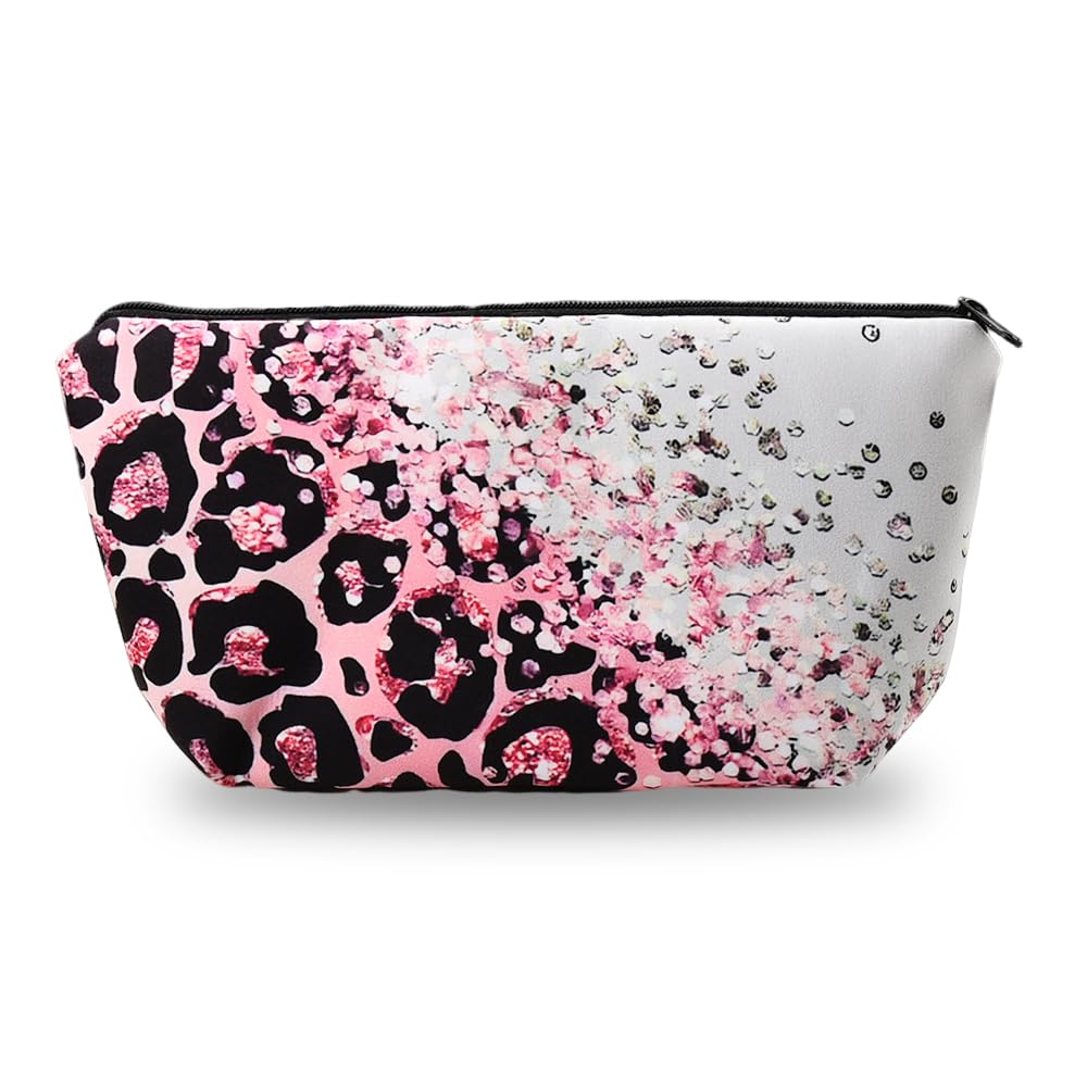 ShiQiao Spl Glitter Leopard Makeup Bag Pink Leopard Cheetah Print Cosmetic Bag Travel Toiletry Bag for Women Cosmetic Pouch for Purse Zipper Pouch for