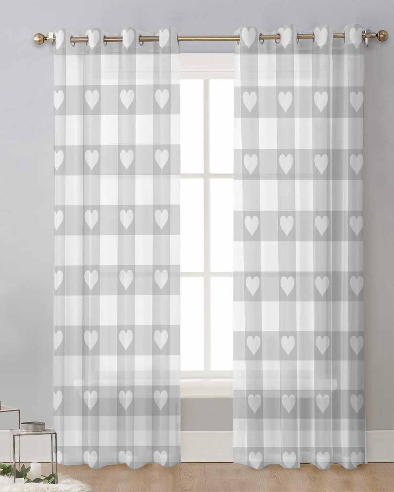 Plaid Grey Sheer Curtains 63 Inch Length 2 Panels Set Buffalo Lattice Love Heart Watercolor White Curtain Drapes for Kitchen,Bedroom,Living Room,