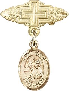 Gold Filled Baby Badge with St. Mark The Evangelist Charm and Badge Pin with Cross 1 X 3/4 inches