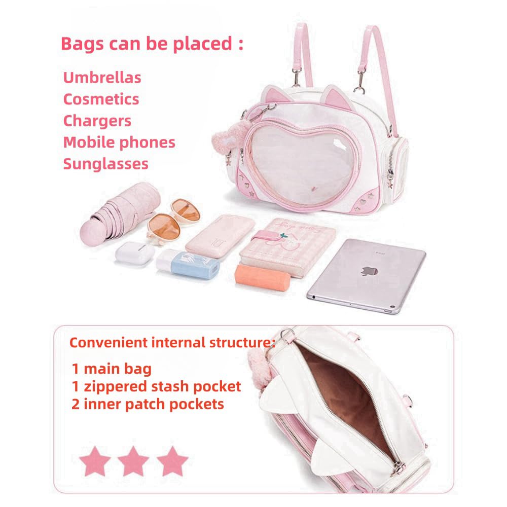 Kawaii Ita Bag Cat Pin Backpack Shoulder Crossbody Bag for Miku Anime Heart Clear Layer with Insert