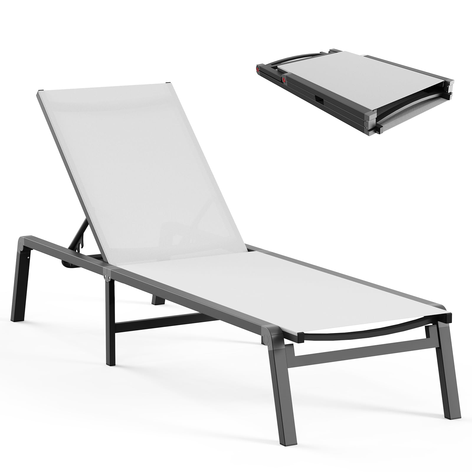 Aluminum Chaise Lounge Ourdoor - Foldable & Assemble Free Outdoor Lounge Chair with 5 Adjustable Backrest, Patio Lounge Chair for Outside Poolside Beach Pool, White