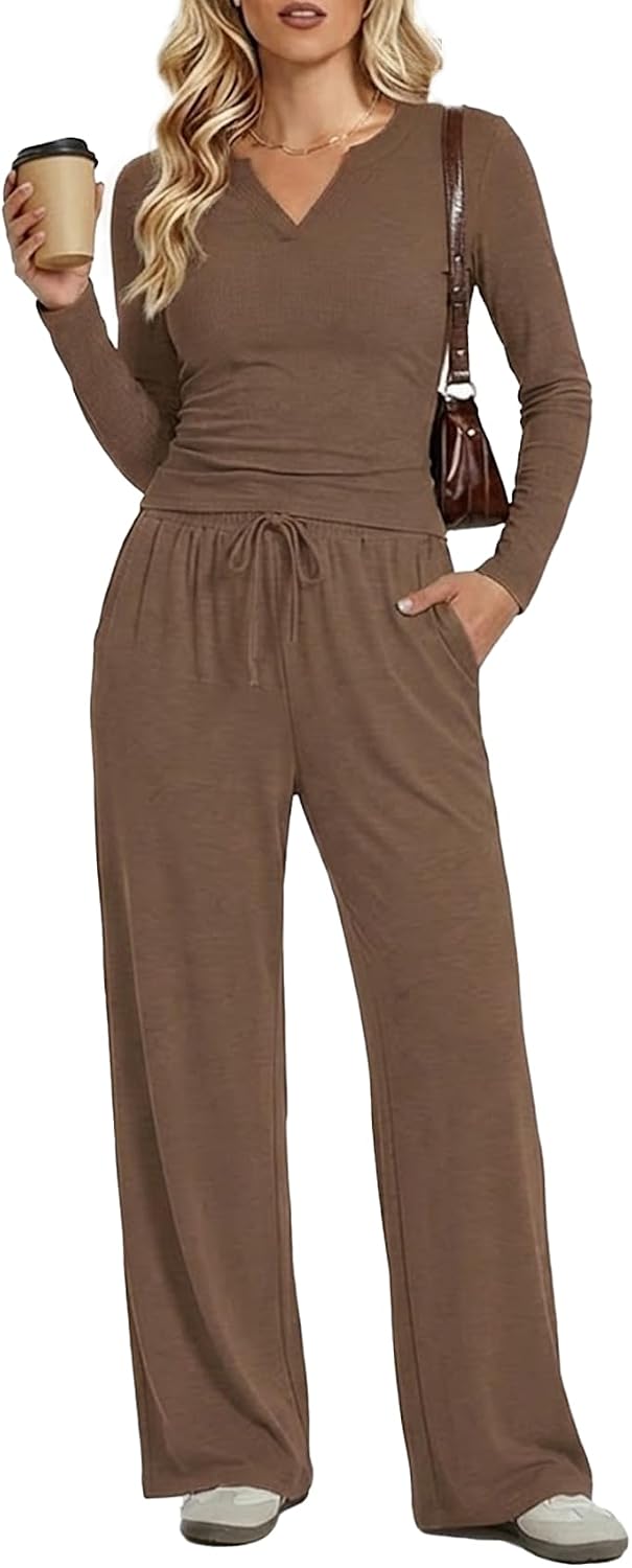 two Piece Matching Lounge Sets Women four seasons Travel Set V Neck Top Wide Leg Pants Airport Travel Outfit