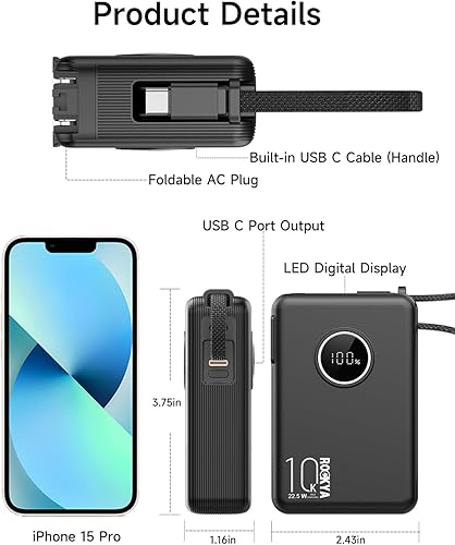 Miniatura 4 de Cargador portátil con cables integrados y enchufe de CA plegable, USB C PD 22.5 W, batería de carga rápida de 10000 mAh, banco de energía de