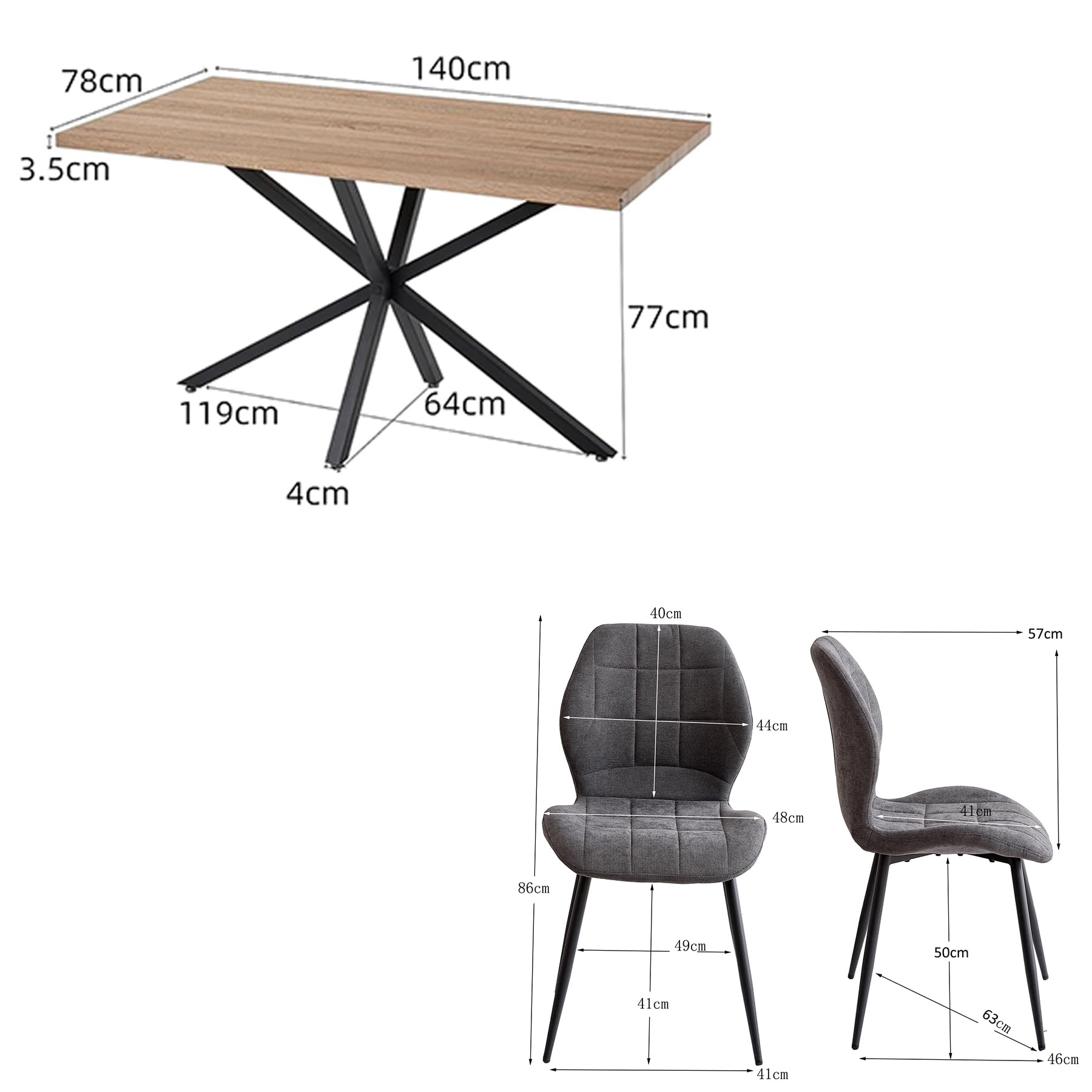 Essgruppe 140 x 78 x 77 cm Rechteckiger Esstisch Aus Holz Mit 4 Stühlen Mit Hoher Rückenlehne und Schwarz Lackierten Metallbeinen (NaturfarbeTisch + Grau Stuhl)