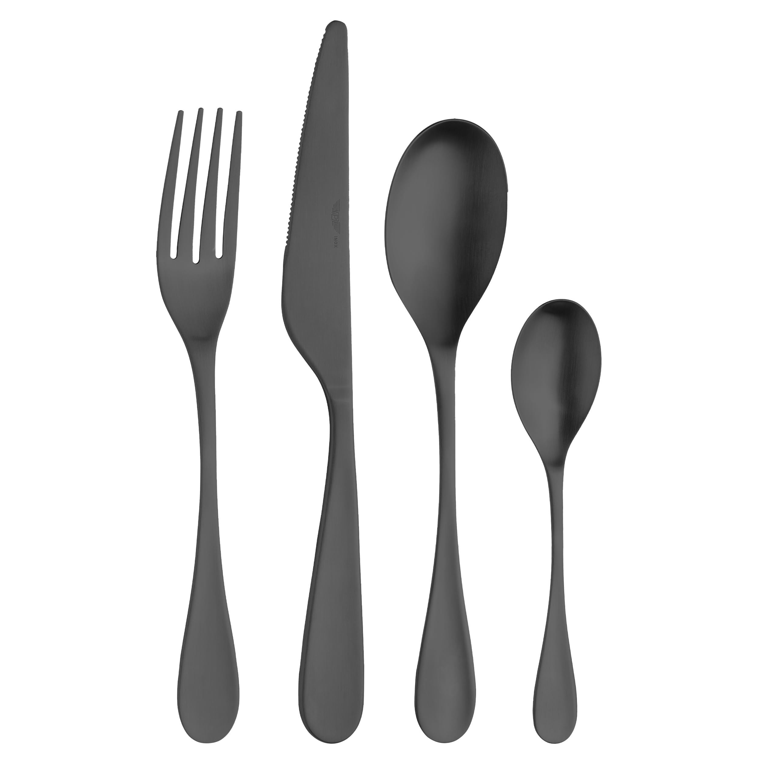 Pintinox - Drop set di Posate da Tavola per 6 persone, 24 pezzi in Acciaio nickel free finitura Nera Satin: 6 forchette, 6 cucchiai, 6 coltelli, 6 cucchiaini da tè, Lavabili in lavastoviglie, Black