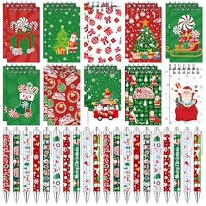 YXSJAS 40 Pcs Christmas Mini Spiral Notebook&Xmas Ballpoint Pens,Santa Claus Elk Pocket Notepad Memo Pad Assorted Patterns Xmas Pens Christmas Gifts for Christmas Holiday School Reward Bag Stuffer