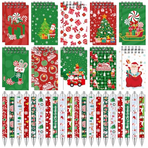 YXSJAS 40 Pcs Christmas Mini Spiral Notebook&Xmas Ballpoint Pens, Santa Claus Elk Pocket Notepad Memo Pad Assorted Patterns Xmas Pens Christmas Gifts for Christmas Holiday School Reward Bag Stuffer