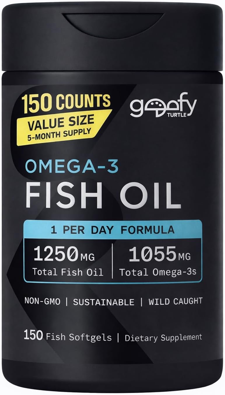 Sports Omega-3 Fish Oil, Triple Strength, (150 Counts) Burp-Less Formula, 1250 mg Fish Oil, 1055mg Omega 3, 1 Softgel per Day