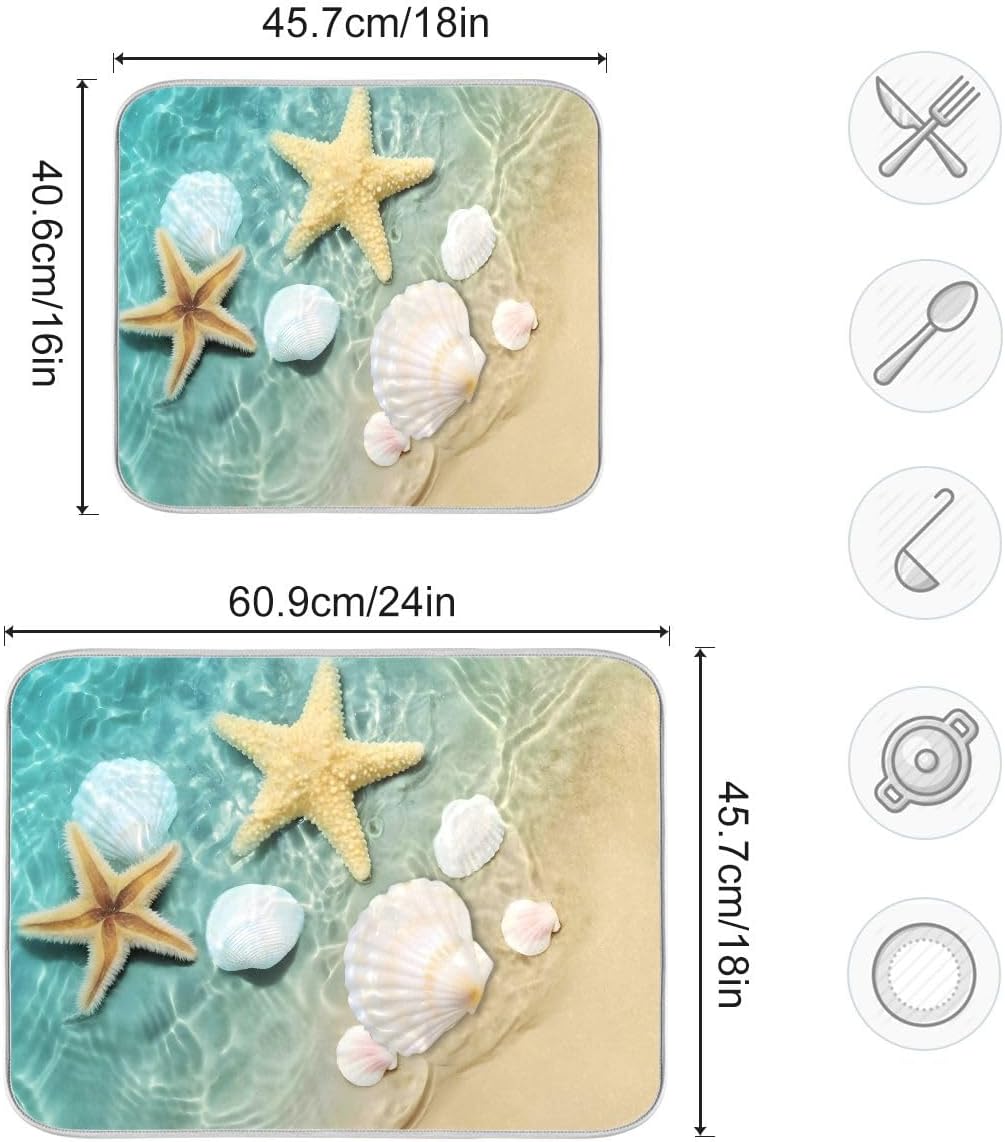 Shells Starfish On Sea Shore Dish Drying Mat 16x18 Summer Beach Dishes Pad Dish Drainer Mat Kitchen Microfiber Mat for Kitchen Absorbent Fast Dry