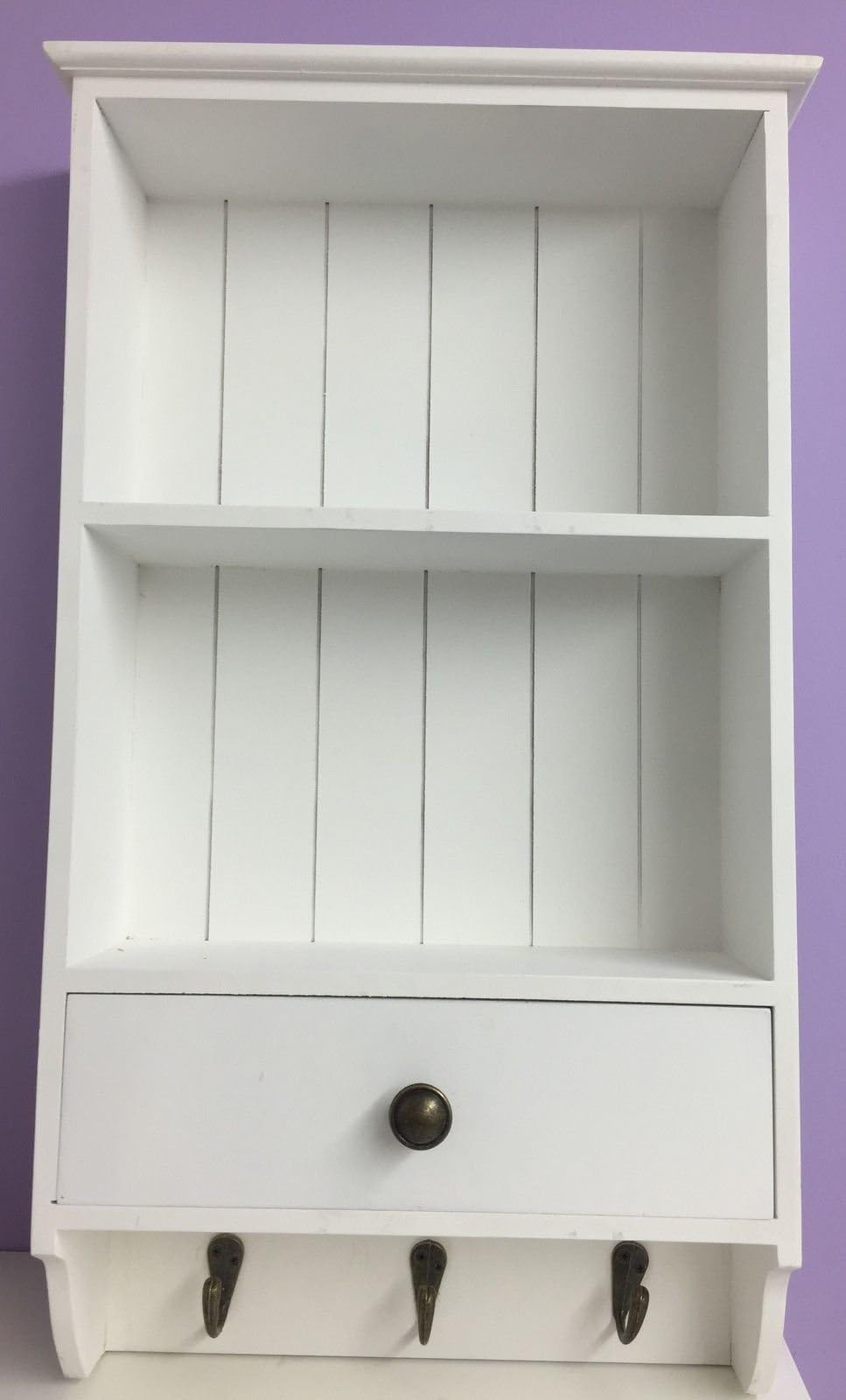 Wall Unit Cupboard Display White Storage Wooden Shelf with Hooks Shabby Chic