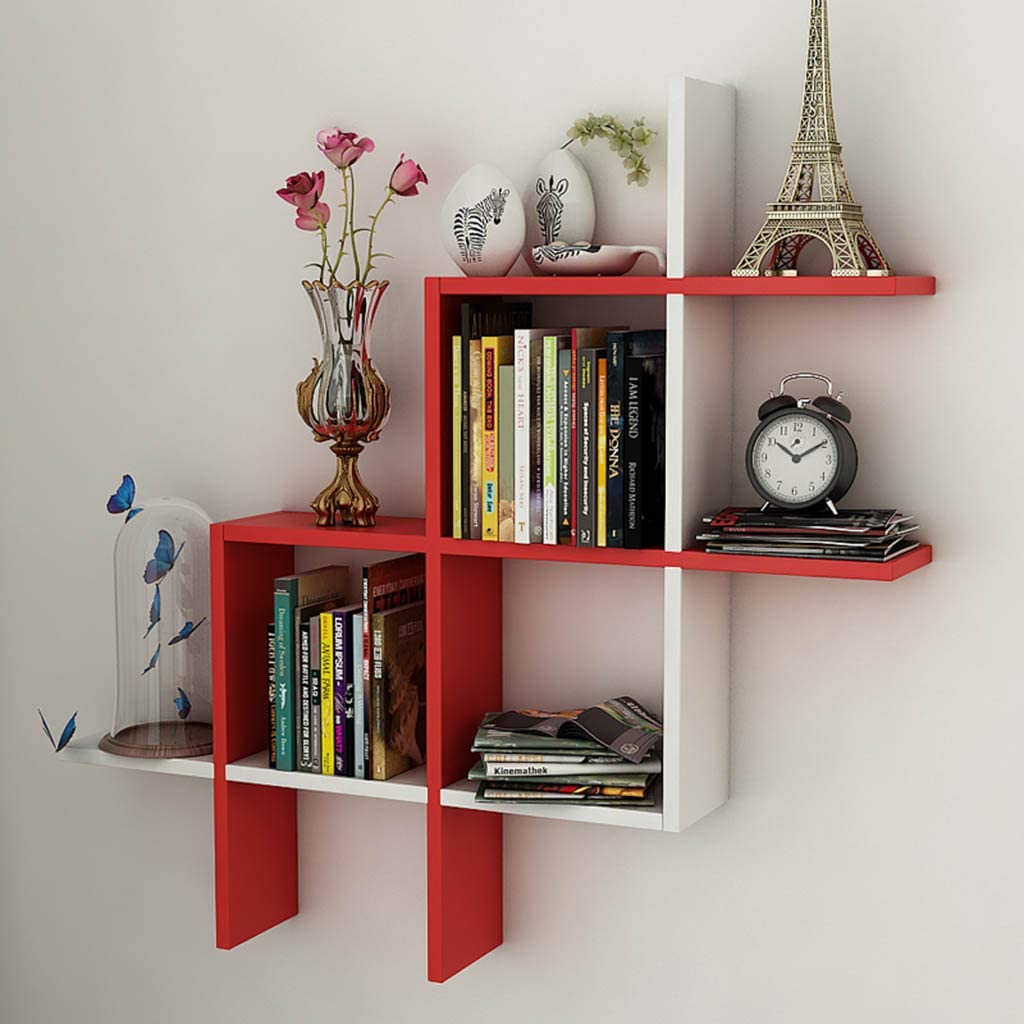 Wooden Cave Rubic Shape Wall Shelves for Wall Decor and neatly Organize Your Books on Them | Home Decor Wall Shelf for Office, Living Room, Bathroom, Kitchen (Multipurpose) Showcase (Red & White)-image-43