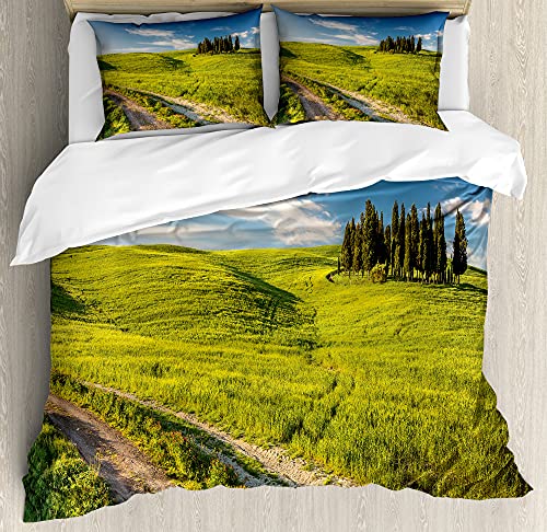 ABAKUHAUS Primavera Funda Nórdica, Ver Flores Silvestres Toscana, Estampado Lavable 3 Piezas con 2 Fundas de Almohada, 200 x 200 cm   70 x 50 cm, Cielo Azul Verde del Helecho