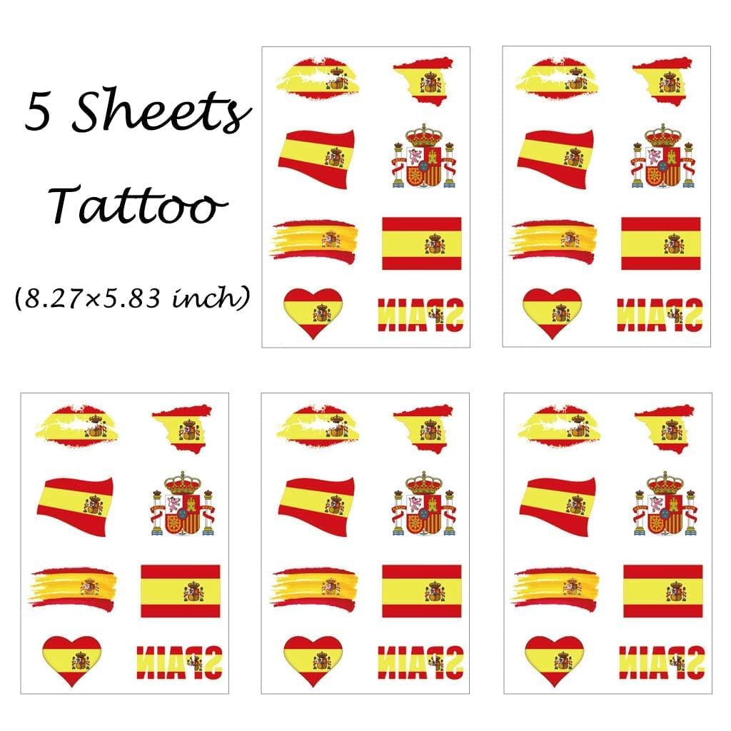 CARGEN National Flag Temporary Tattoos - 5 Sheets 8 Patterns Spain Flag Tattoos for Spanish Football Match World Cup Ball Game Great on Arm Face Shoulder for Kids Adults Party Festival