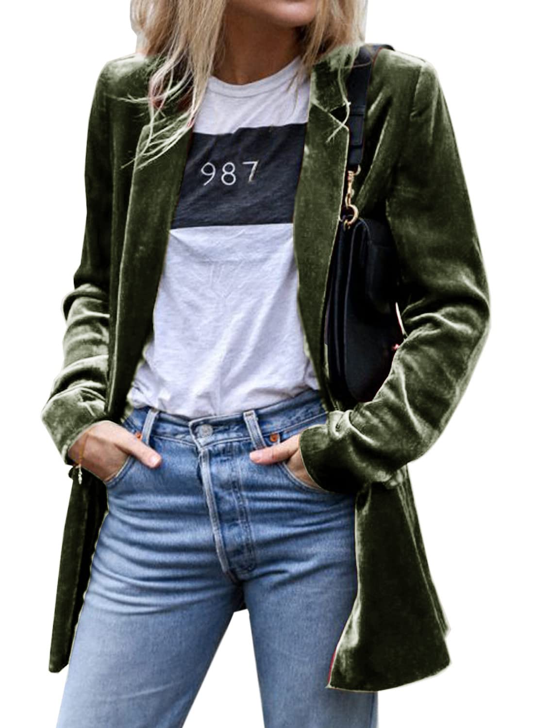 futurino Womens Solid Color Long Sleeve Velvet Jacket Open Front Casual Suit Cardigan Mid-Length Coat