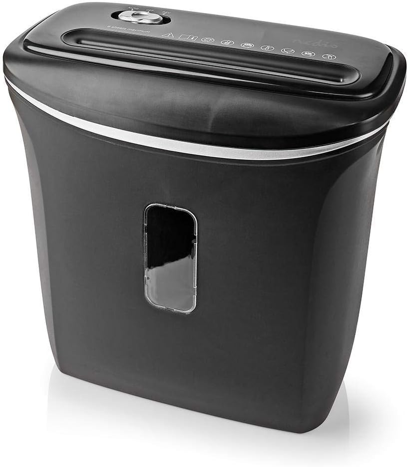 NEDIS PASH120BKA4 Paper Shredder from an angled view, showing the waste bin and shredder head.