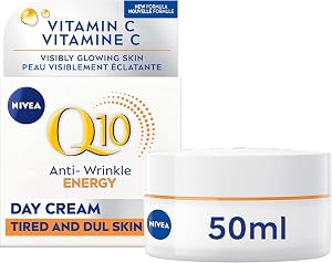 NIVEA Q10 Energy Anti-Wrinkle Day Face Cream, Anti Wrinkle Firming Cream with Q10, Vitamin C and E, Face Moisturizer for Tired Looking Skin, Visibly Reduces the Look of Wrinkles, 50mL