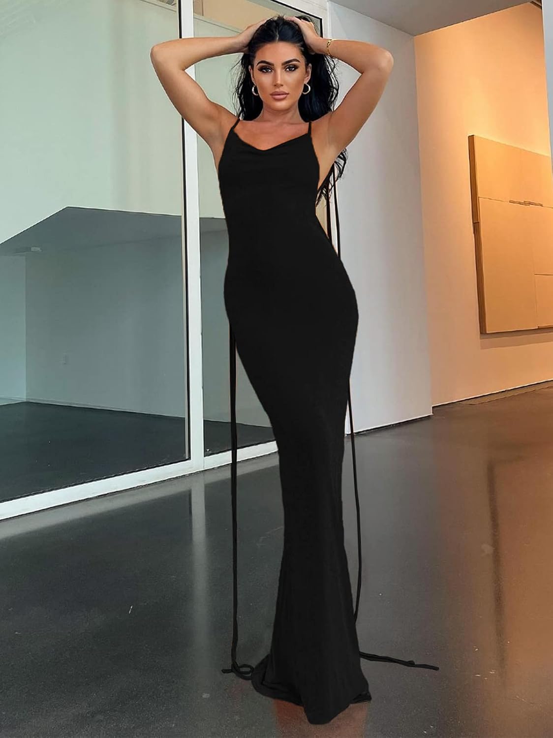 Womens Summer Backless Bodycon Dress Halter Cowl Neck Slip Spaghetti Strap Sexy Cocktail Party Maxi Dresses - Image 3