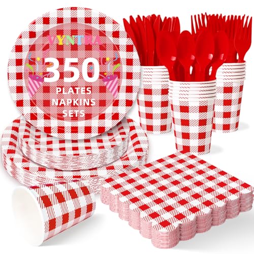 Vyntra 350 Pcs Red & White Checkered Gingham Paper Plates and Napkins Set for 50 9 Dinner Plates & 7 Dessert Plate BBQ Picnic 4th of July Birthday Party Valentines Day