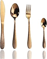 Vista 8 de JASHII Juego de cubiertos de 4 piezas de acero inoxidable dorado forjado con mango martillado, servicio para 1 pulido de espejo, apto para Oro