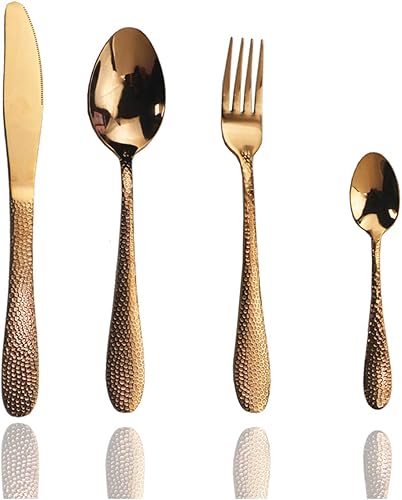 Miniatura 8 de JASHII Juego de cubiertos de 4 piezas de acero inoxidable dorado forjado con mango martillado, servicio para 1 pulido de espejo, apto para Oro