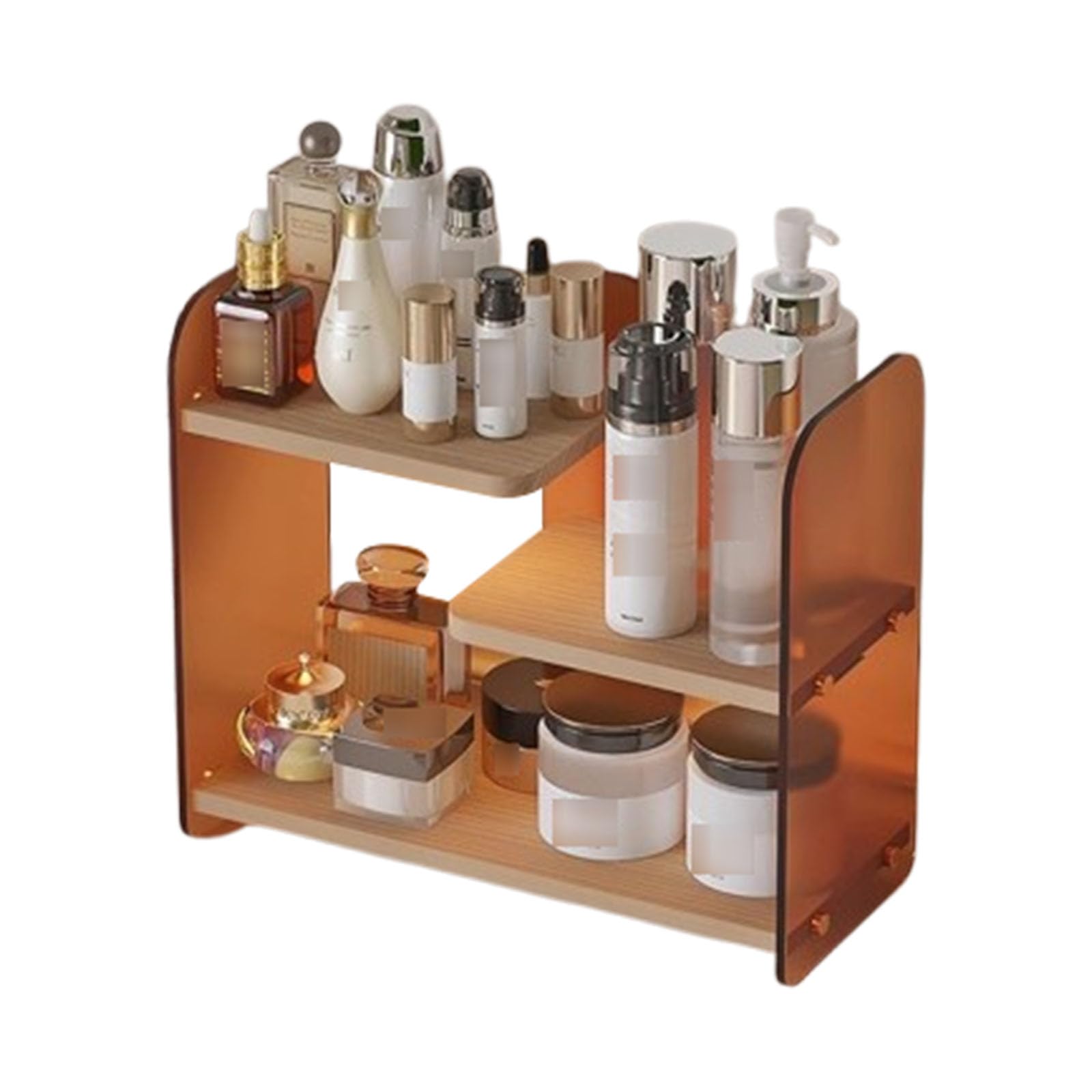 Organizador de maquillaje de 3 niveles, estante de almacenamiento de madera y acrílico para el cuidado de la piel y perfumes, organizador de maquillaje de encimera para baño y tocador