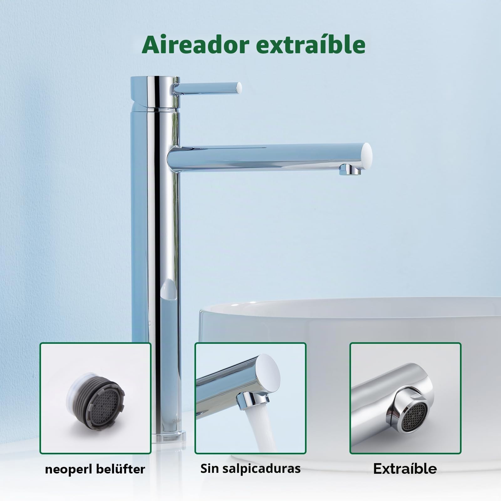 Grifo Cromado para Baño Alto, Grifo Monomando para Lavabo, Grifo de Lavabo con Caño de 225mm de Altura, Grifería de Acero Inoxidable con Núcleo de Válvula Cerámica Silenciosa