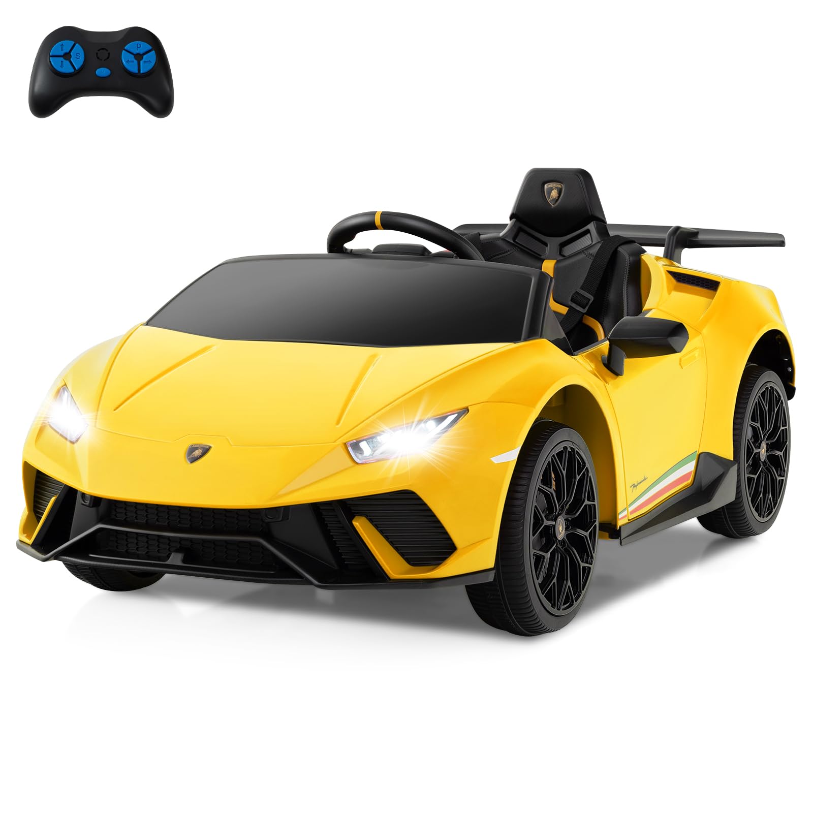 Licensed Lamborghini Huracan Ride on Car by INFANS, 12V Kids Electric Vehicle Battery Powered Toy with Remote Control, LED Lights, Spring Suspension, Bluetooth, MP3, Aged 3-8 Years (Yellow)OEKO-TEX STANDARD 100