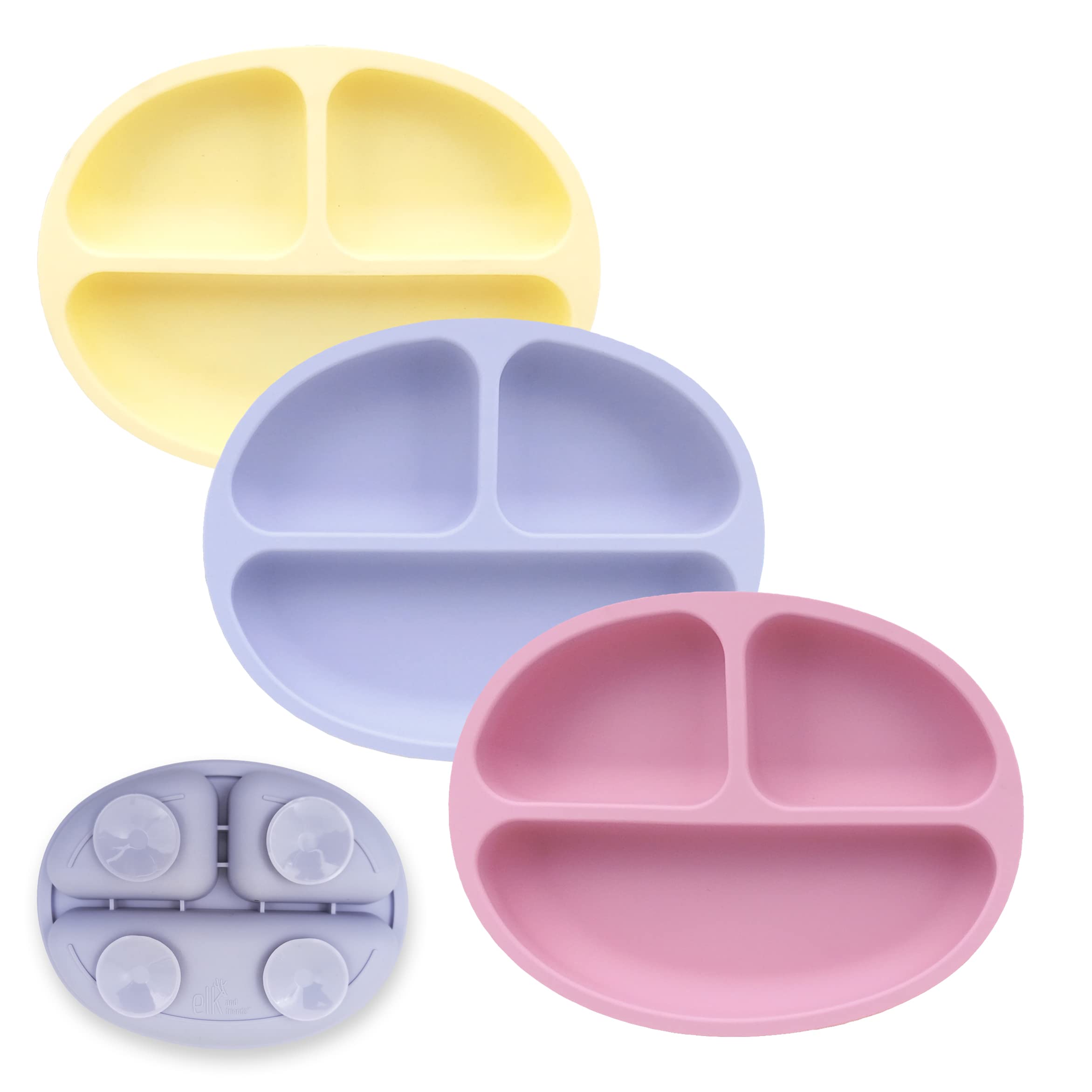 Elk and Friends Silicone Suction Plate for Babies/Toddlers | Divided Plate | Suction Design | 3 Pack