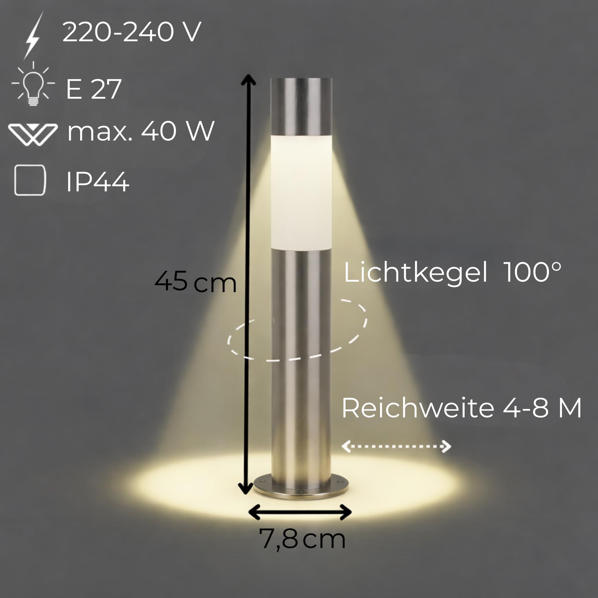 Novatool 4x Wegeleuchte I 45 cm I Edelstahl I IP44 I E27 Sockel I Wegebeleuchtung aussen Aussenleuchten Garten Standleuchte Terassenleuchte Gartenleuchte stehend Terrassenlampe