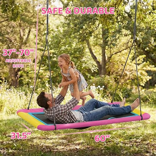 Image of 60'' Rectangle Platform Tree Swing for Kids and Adults, Giant Flying Swing with Adjustable Hanging Strap, Waterproof Textilene Fabric Tear & UV Resistant, Swings Set for Backyard Garden