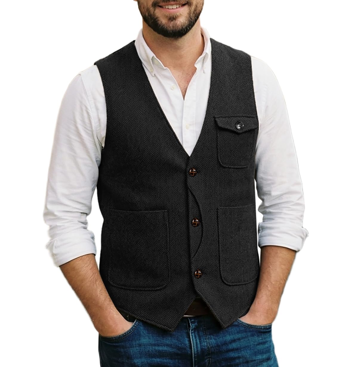 Solovedress Mens Vintage Wool 3 Real Pockets Suit Vest V Neck Tweed Waistcoat for Wedding Groomsmen(Black,XXXL)