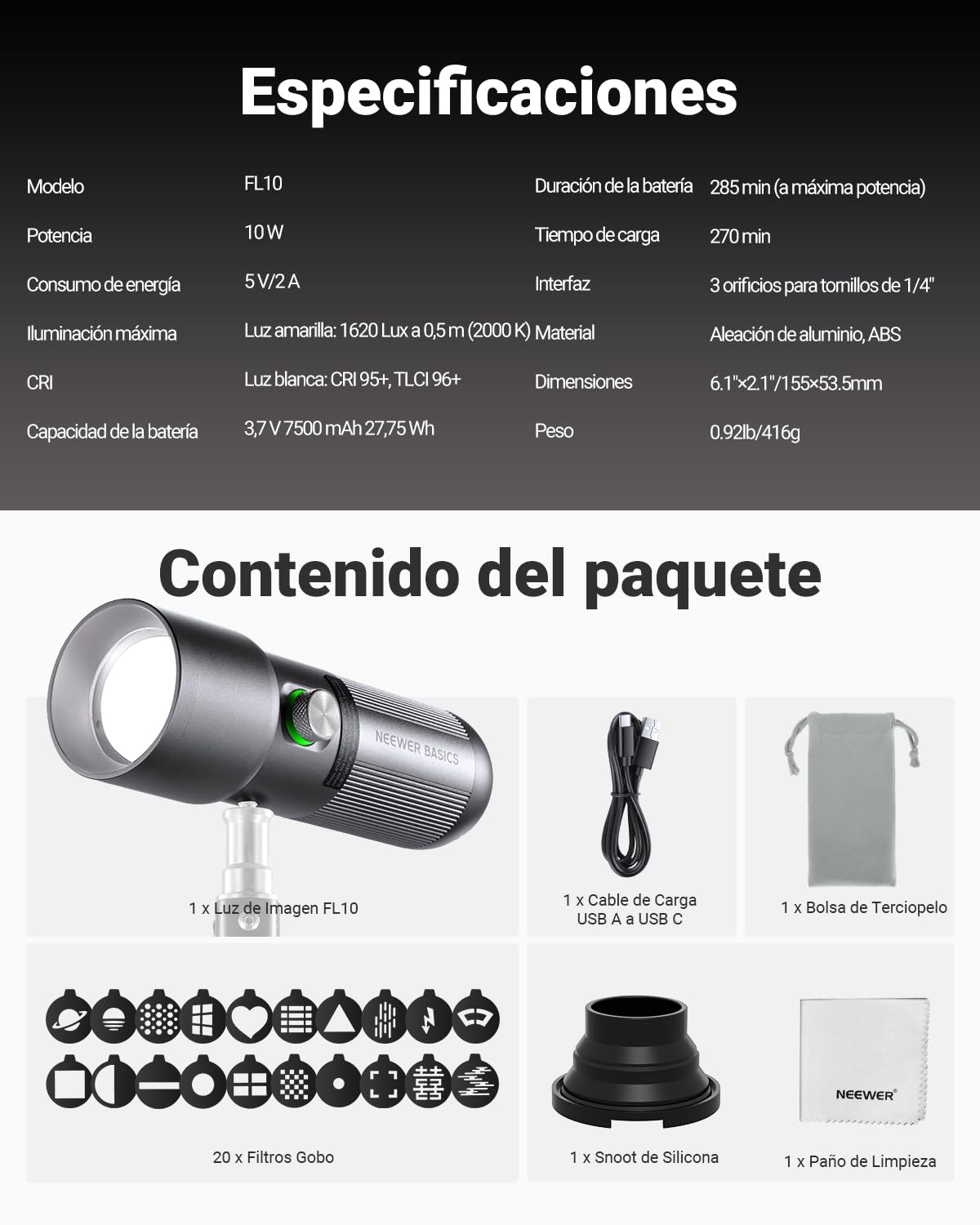 NEEWER Basics RGB Linterna Fotografía Flashlight,4 Color/20 Filtro Gobo/CRI95+/7500 mAh,10W 6300K Foco LED Portátil Vídeo Ambiental Aluminio Efecto Atardecer para Iluminación Estudio Grabación, FL10